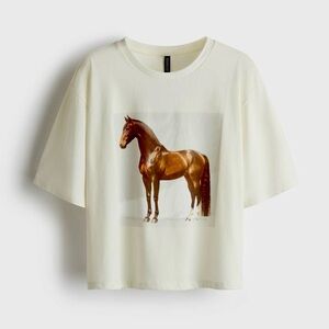H&M Divided Loose Fit Horse 🐴 Printed Motif Dropped Shoulder Boxy T-Shirt, NWT L